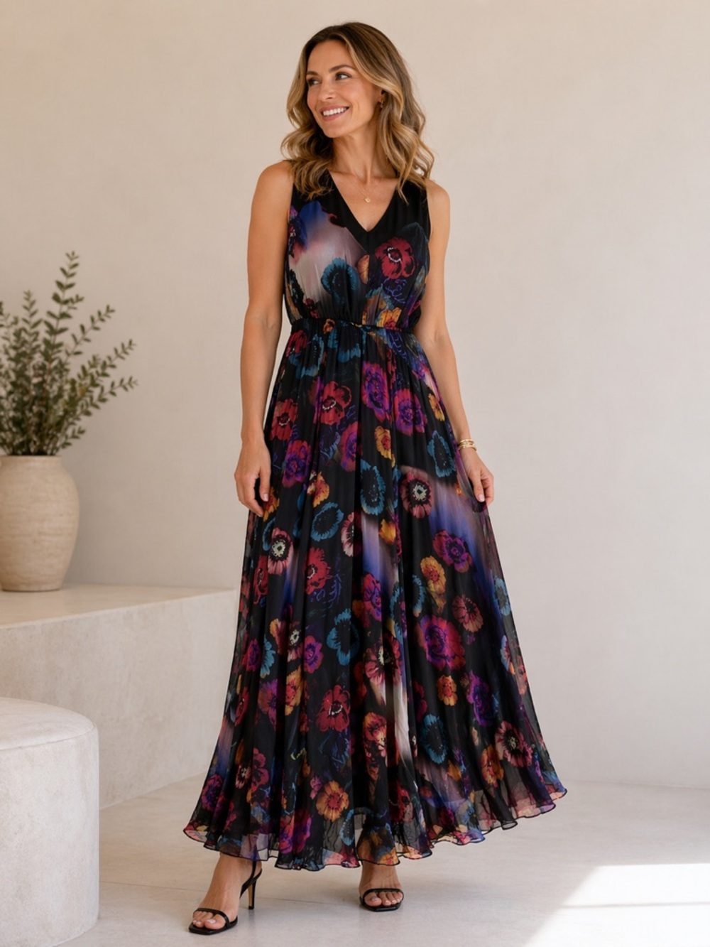 NWT Anthropologie Leifsdottir 100% Silk Black Floral Maxi Dress